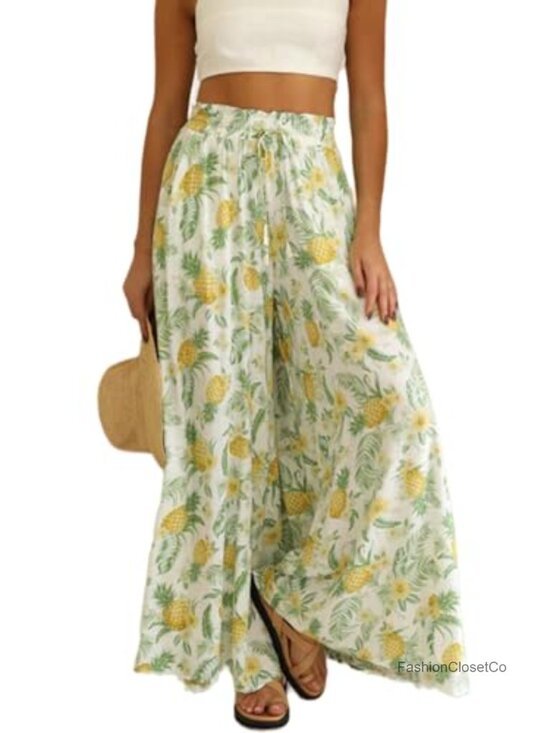 Pants - Wide Leg Flowy Palazzo Pants with Pockets Drawstring High Waisted Casual Summer